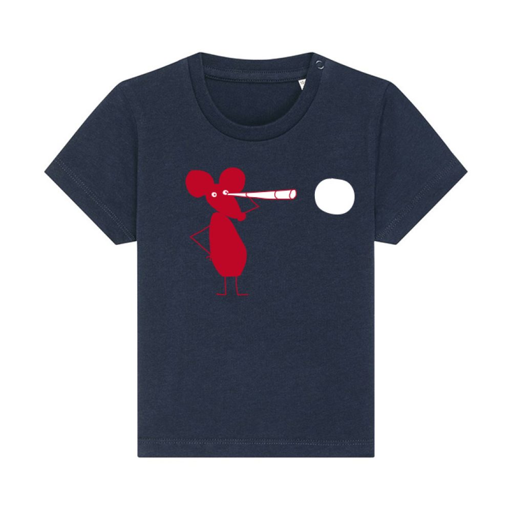 «Ratón Astrónomo»: Camiseta azul marino con un ratón astronomo de dibujos animados de color rojo que observa un círculo blanco a través de un telescopio, situado en la parte derecha del pecho.